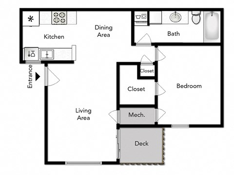Floor plan for 1 bed, 1 bath, 680 sqft
